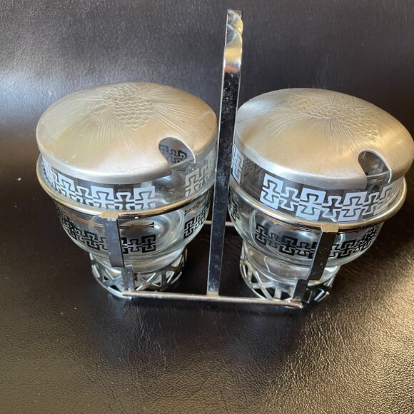 Vintage Libbey MCM Chrome Condiment Set: Glass Jars w/ Aluminum Lids - Picture 2 of 8